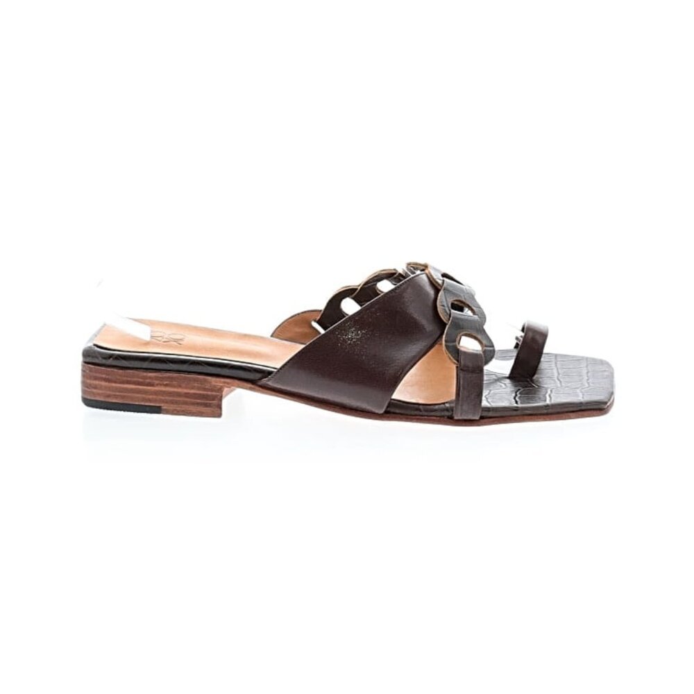 NEW Zou Xou Rio Toe Ring Leather Low Heel Flat Square Toe Croc Embossed Sandals